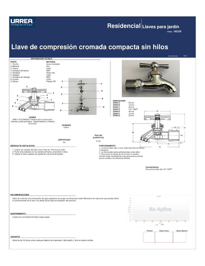 URREA 18CCR Llave de Compresión Cromada sin Hilos, Acabado Cromo
