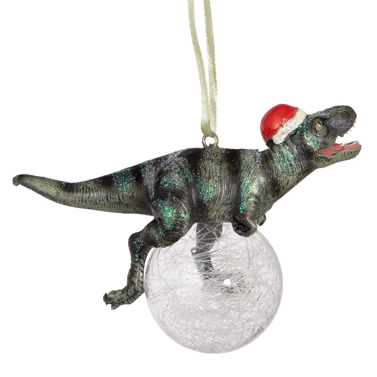 Design Toscano Blitzer The T Rex - Adorno para árbol de Navidad, 5 Pulgadas de Largo, Resina de Piedra fundida con Bola de Vidrio, Acabado Verde con Purpurina