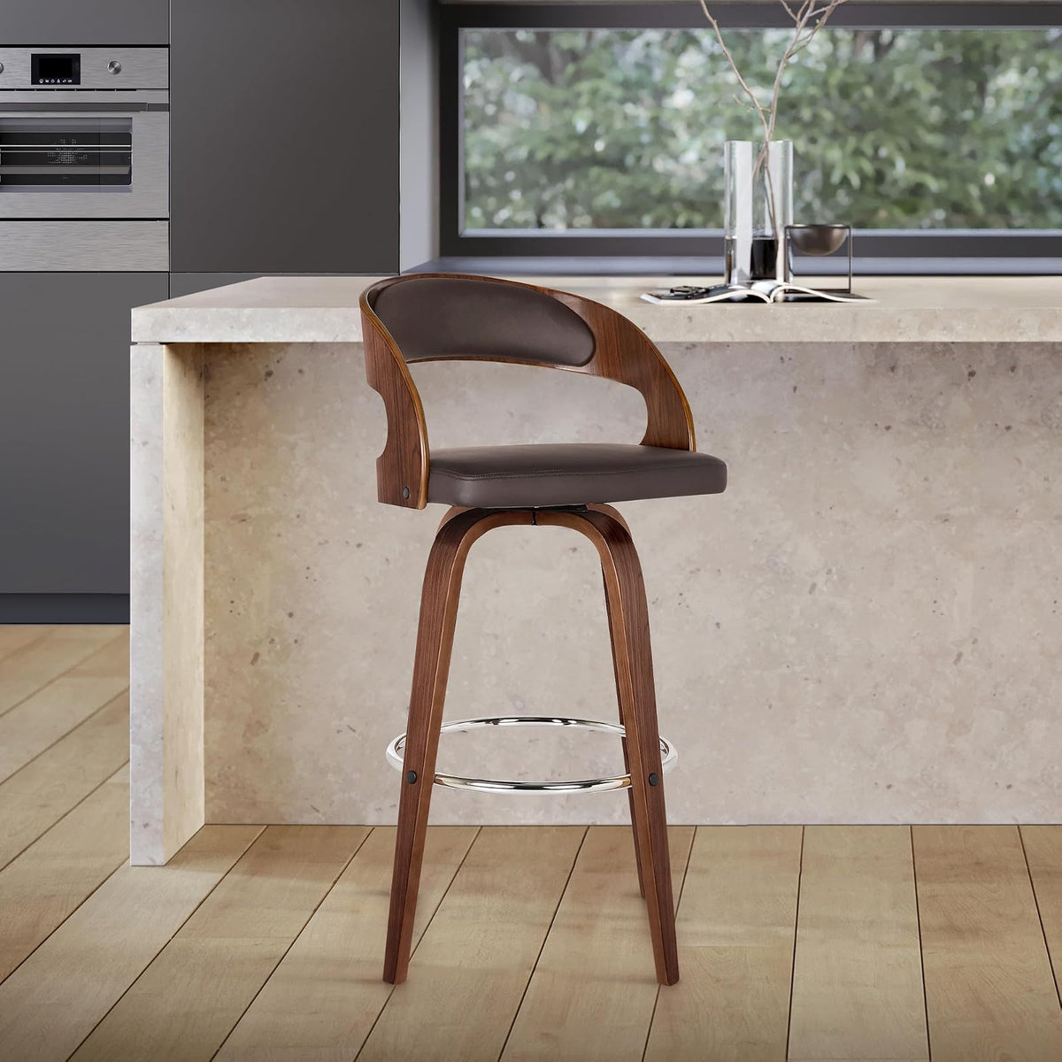 Armen Living Shelly - Taburete Giratorio Moderno de 26 Pulgadas de Altura del Asiento de Mediados de Siglo para mostrador de Isla de Cocina en Piel sintética café y Madera de Nogal