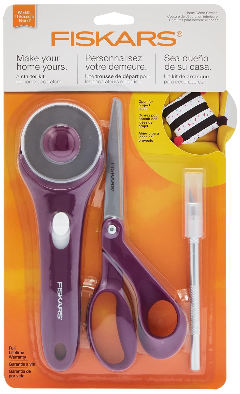 Fiskars Decor - Juego de 3 piezas de cortador giratorio, cuchillo y tijeras de 8 pulgadas, decoración del hogar, color morado 3 unidades