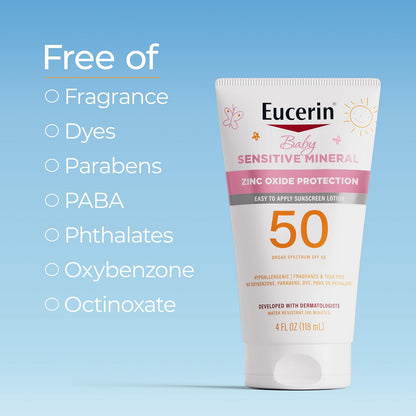 Eucerin Sun Sensitive Mineral Baby Protector solar SPF 50, loción protectora solar con protección de óxido de zinc, tubo de 4 onzas líquidas
