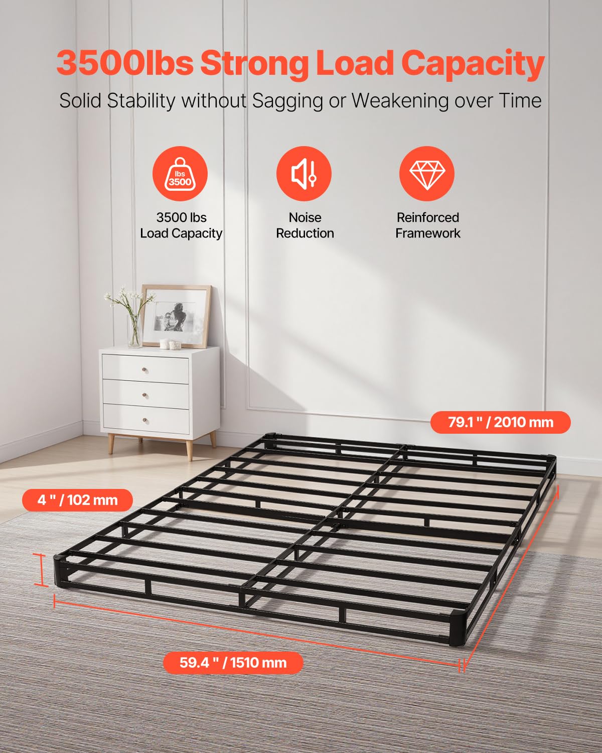 VEVOR - Somier de cama tamaño queen con tela lavable, marco de metal resistente para cama queen, base de colchón de 4 pulgadas, capacidad máxima de peso de 3500 libras, fácil montaje, 79.1 pulgadas de