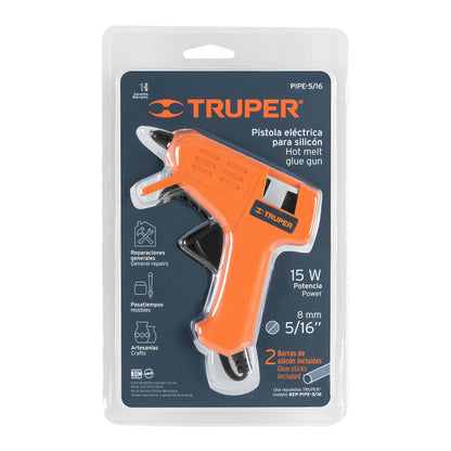Truper PIPE-5/16, Pistola eléctrica 15 W + REP-PIPE-5/16, Barras de silicón de repuesto para PIPE-5/16, 12 pzas