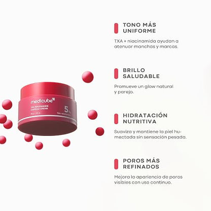 MEDICUBE TXA Niacinamide Capsule Cream, Crema Facial Coreana con Niacinamida 5%, Ácido Tranexámico, Alfa-Arbutina y Glutatión, Luminosidad y Tono Uniforme, 55 g