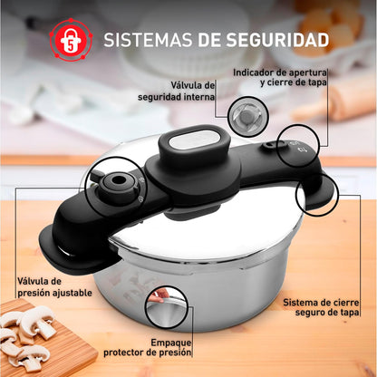 T-fal Súper Combo Premium con Olla a presión de Acero Compact Easy 6L + Set de dos cuchillos + Cucharón + Pinzas de cocina + Pelador, P3530733M