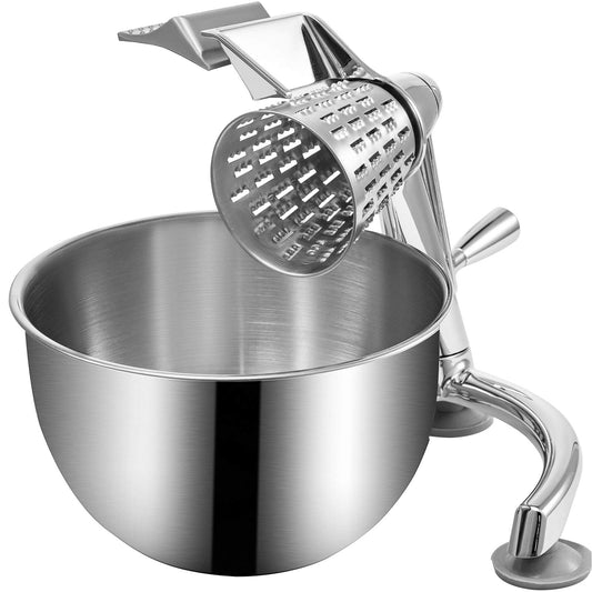 VEVOR - Rallador rotatorio de queso, mandolina rotativa de aleación de zinc, mandolina de queso manual con 5 conos de corte de acero inoxidable, rallador manual de verduras con tazón de 2,5 L, trituradora rotativa con base de succión