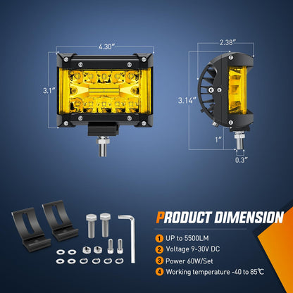Nilight - Barra de luz LED para Disparos Laterales, 2 Unidades de 4.3 Pulgadas, Triple hilera, Combo de inundación, iluminación de Haz Amarillo con Interruptor de 5 Pines, Kit de arnés de
