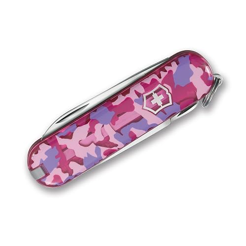 Victorinox Swiss Army Classic SD Navaja Pequeña, Rosa (Pink Camo), 58 mm | Cuchillo de bolsillo hecho en Suiza, 7 funciones, balanzas de camuflaje rosa, tijeras, llavero de transporte, uso diario