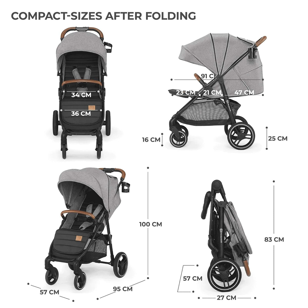 Kinderkraft GRANDE PLUS Carriola, ligera desde Nacimiento hasta 22 kg, Silla de Paseo, Plegado con una sola mano, Posición tumbada, Suspensión de todas ruedas, Capota grande XL, Grigio