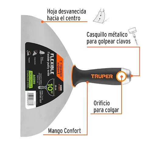 Truper Expert ET-10FX, Espátula flexible 10" acero inoxidable mango Comfort Grip
