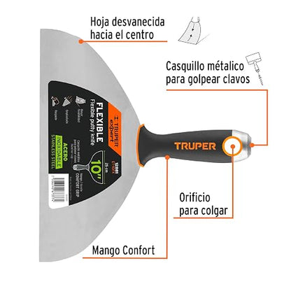 Truper Expert ET-10FX, Espátula flexible 10" acero inoxidable mango Comfort Grip