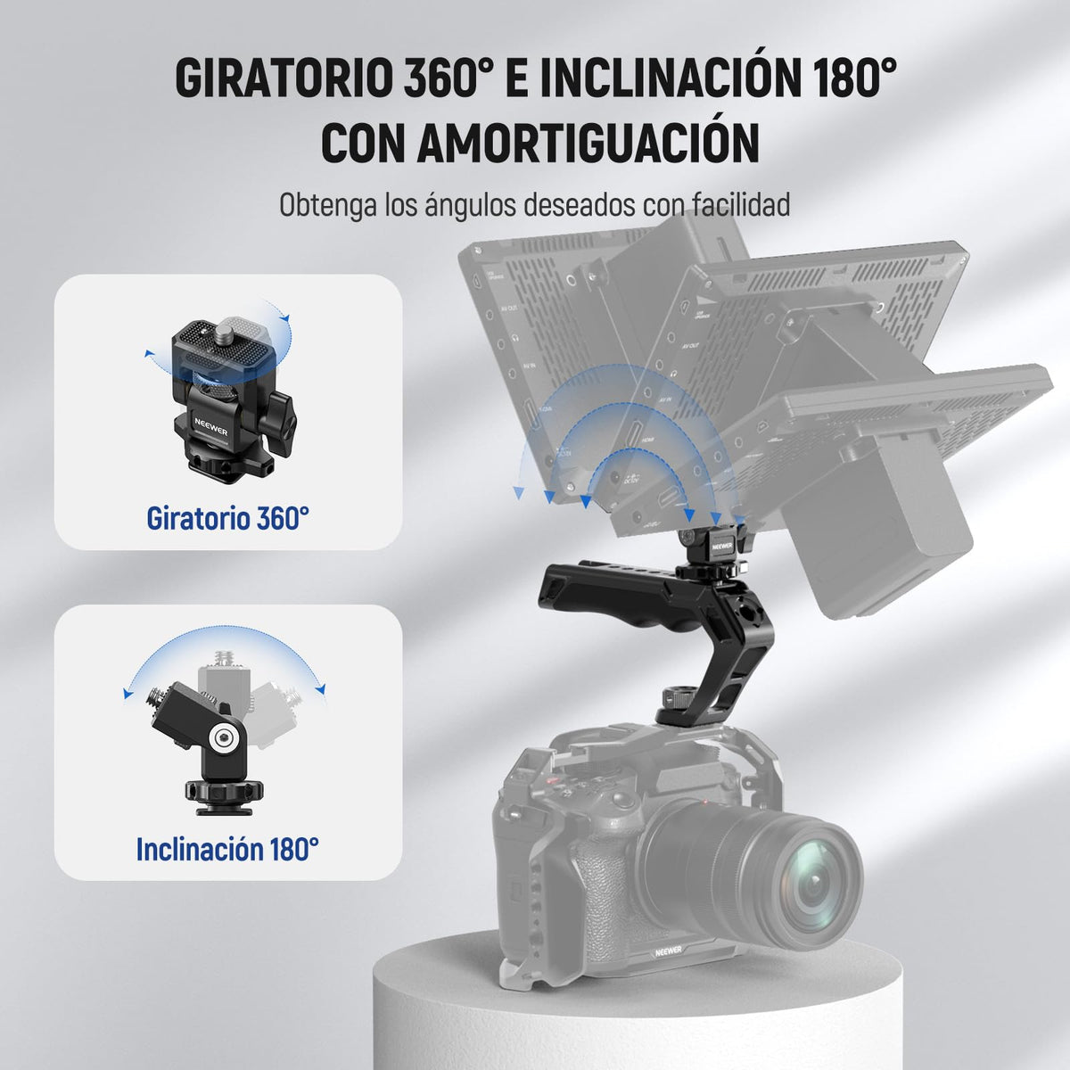 NEEWER Universal Jaula Cámara con Asa Superior & Montaje Monitor Zapata Fría, Arca Cámara Gimbal Estabilizador Video Rig, Manija Doble & 3/8" para ARRI Compatible con SmallRig Accesorio, CA016T+MA006