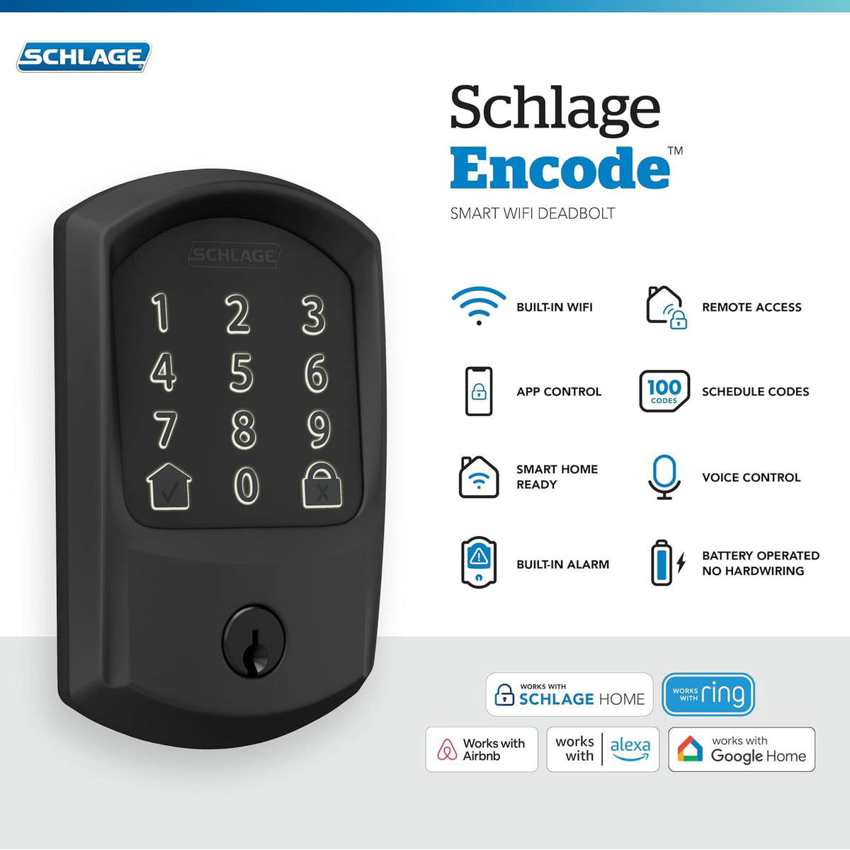 SCHLAGE BE489WB GRW 622 - Cerradura inteligente con cerrojo de seguridad WiFi, cerradura de puerta con visualización táctil sin llave con ribete Greenwich, negro mate