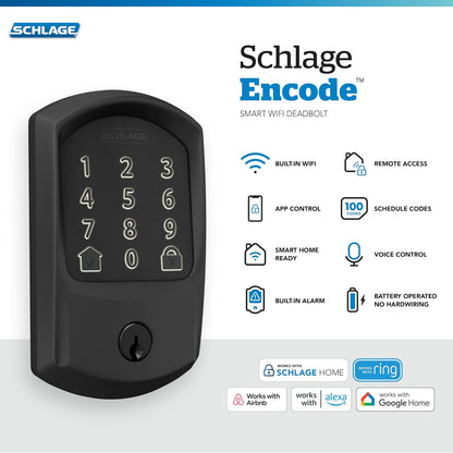 SCHLAGE BE489WB GRW 622 - Cerradura inteligente con cerrojo de seguridad WiFi, cerradura de puerta con visualización táctil sin llave con ribete Greenwich, negro mate