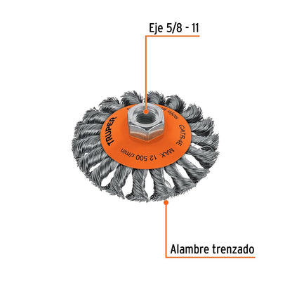 Truper CATR-4E, Carda para esmeriladora angular, tipo plato, alambre trenzado, calibre 0.35 mm, 4", 5/8-11
