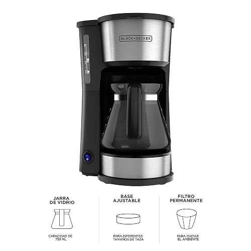 Black+Decker Cafetera 5 Tazas con Jarra de Vidiro y Vaso Personal, CM0755S | Termo de acero inoxidable, filtro permanente y cesta removible, compatible con goteador para café filtrado a mano