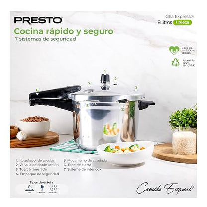 Presto | Olla Express 8 Litros con 7 Sistemas de Seguridad de Aluminio | Aluminio 4 mm, 7 sistemas de seguridad ,cocción rápida, ahorro de gas, mangos baquelita, cierre hermético, certificado NOM