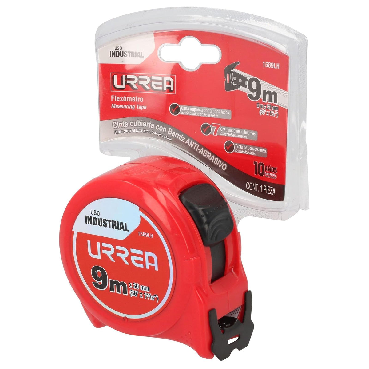 Urrea 1589LH Flexómetro Industrial con Hoja de Acero y Carátula de ABS + TPR, 9 M × 30 Mm, 3 Remaches