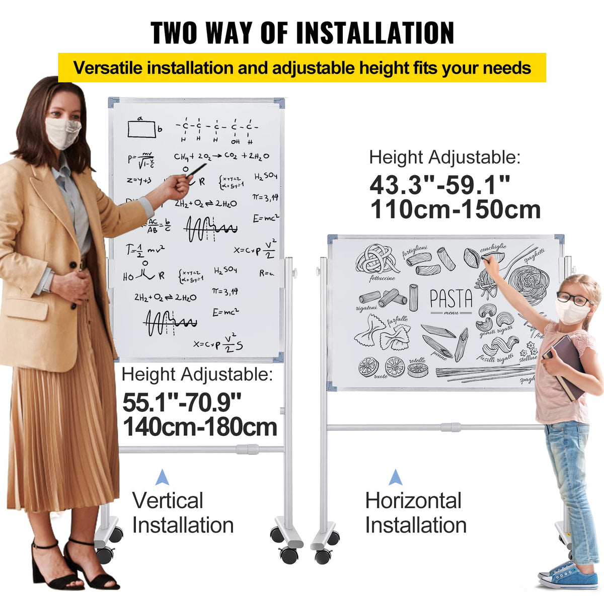 VEVOR - pizarrón blanca magnética móvil, 36 x 24 pulgadas, doble cara, reversible de 360 grados, tabla de borrado en seco, altura ajustable con marco de aluminio y ruedas giratorias bloqueables, para