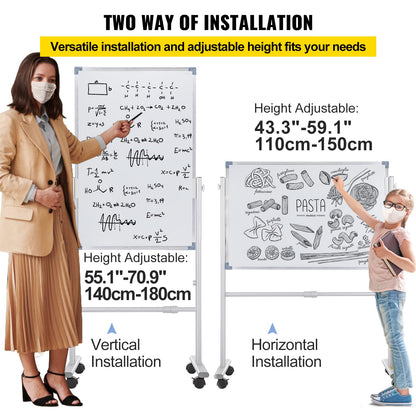 VEVOR - pizarrón blanca magnética móvil, 36 x 24 pulgadas, doble cara, reversible de 360 grados, tabla de borrado en seco, altura ajustable con marco de aluminio y ruedas giratorias bloqueables, para