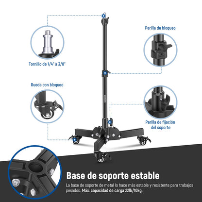 NEEWER Pack de 2 Soportes Luz Alta Resistencia con Ruedas, Altura Máx 2.4 Pies, Trípode Plegable Tomas Angulo Bajo, Soporte Iluminación para Softbox, Monobloques y Otros Equipos Fotográficos, ST72
