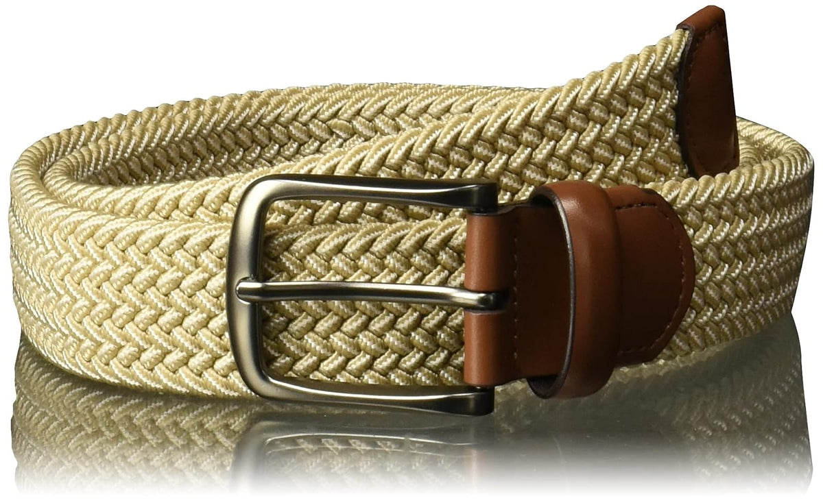 Perry Ellis Cinturón elástico de cuero con ribete de tejido Cinturón para Hombre - Caqui - Medium (34 - 36)