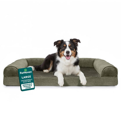 Furhaven Cama Ortopédica Estilo Sofá para Perro, Terciopelo y Piel Sintética - Sofá cama (espuma ortopédica de la caja de Egg - Large - Terciopelo oscuro Sage