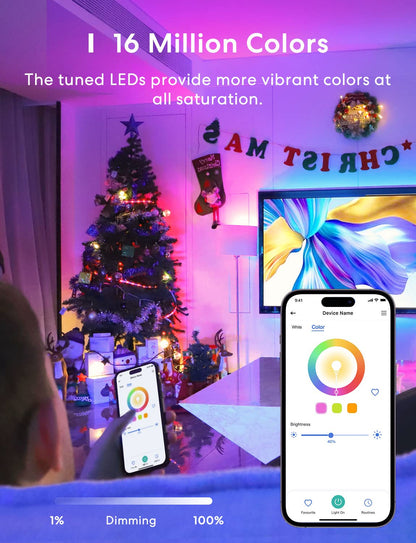 Meross - foco inteligente Wi-Fi, bombillas LED que cambian de color, compatibles con Alexa y Google Home, 2700K-6500K, color blanco sintonizable, 810 lúmenes, equivalente a 60 W, A19, E26, paquete de