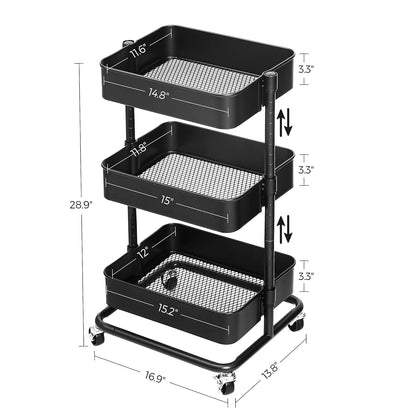 SONGMICS UBSC60B - Carrito de Metal de 3 Niveles, Carrito de Cocina con estantes Ajustables, Carrito de Almacenamiento con 2 Frenos, fácil Montaje, para Cocina, Oficina, baño, Color Negro