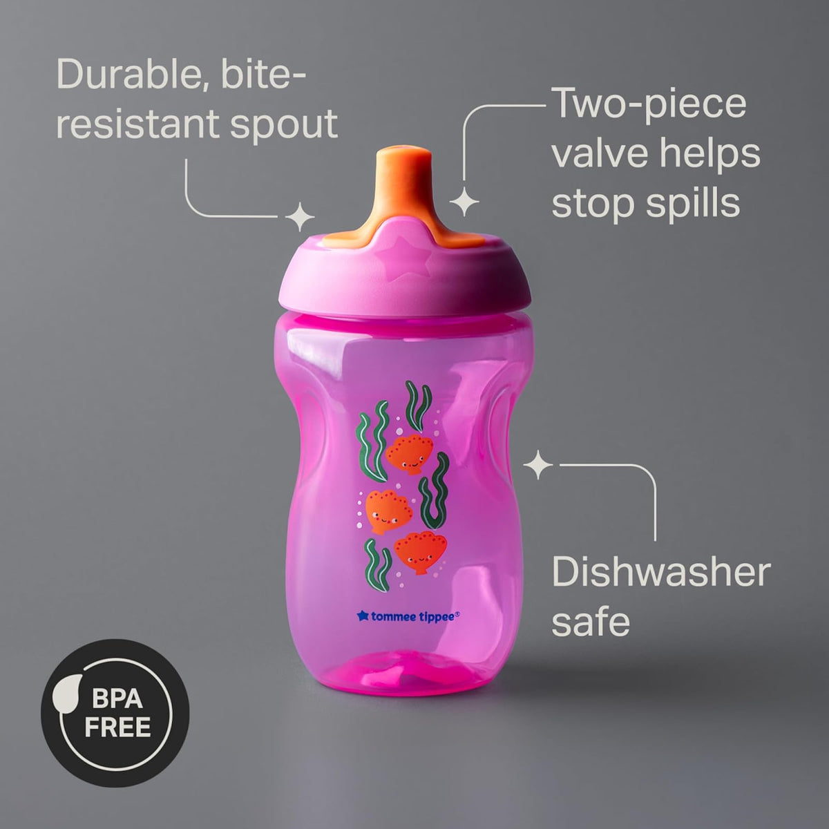 Tommee Tippee Vaso Entrenador Sporty, 1-3 Años, Antiderrames, 295ml | Paquete de 3, Boquilla Resistente a Mordidas, Fácil de Sujetar, Rosa, Rojo y Naranja, Libre de BPA