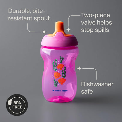 Tommee Tippee Vaso Entrenador Sporty, 1-3 Años, Antiderrames, 295ml | Paquete de 3, Boquilla Resistente a Mordidas, Fácil de Sujetar, Rosa, Rojo y Naranja, Libre de BPA