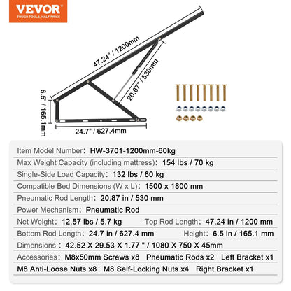 VEVOR Elevador de Cama, Tamaño de Cama Compatible 150 x 180 cm, Capacidad de Carga 70 kg, para Bricolaje, Palanca Neumática Vertical de Lujo, para Habitación de Invitados, 1080 x 750 x 45 mm, Negro