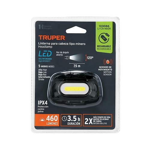 Truper LI-CA-460R, Linterna de minero 460 lúmenes recargable con sensor