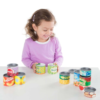Melissa & Doug ¡Juguemos de Casita! Set de Alimentos Enlatados, Juego de Imitación, Tapas Abatibles, Construcción de Cartón Resistente (10 Latas)