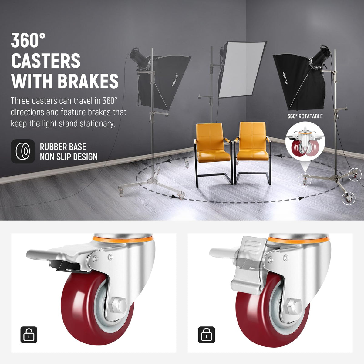 NEEWER - Soporte de luz de acero inoxidable de 198 cm, soporte de trípode resistente con ruedas giratorias, 2 brazos deslizantes con agarre de pistola, pata plegable para fotografía Softbox Monolight,