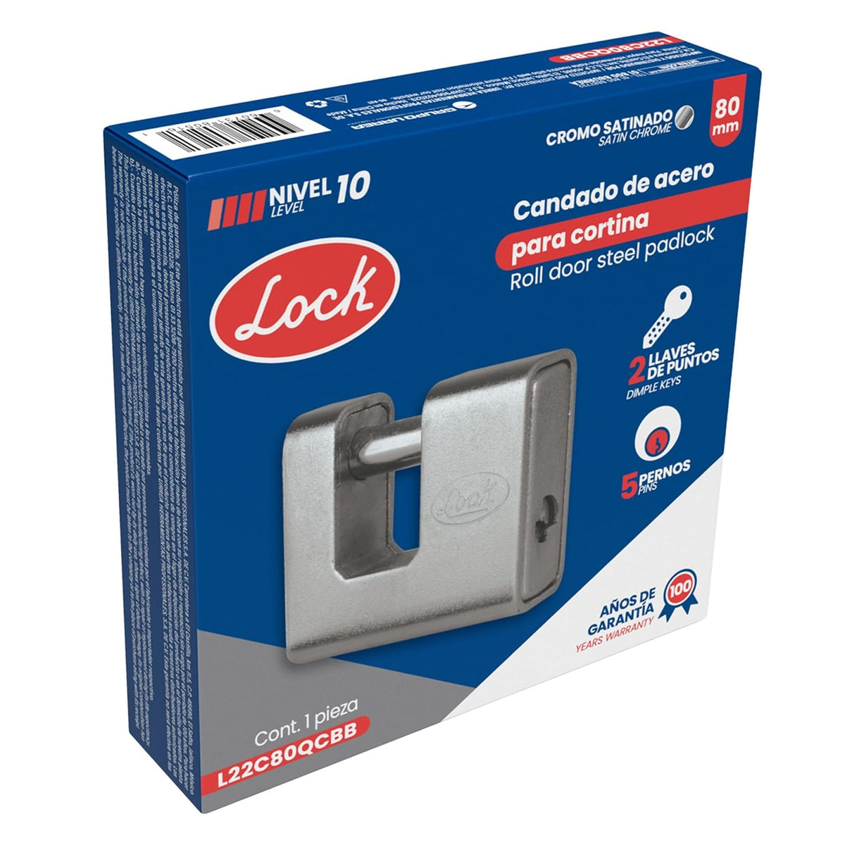 Lock L22C80QCBB Candado de acero para cortina metálica 80 mm, cromo satinado, llave de puntos