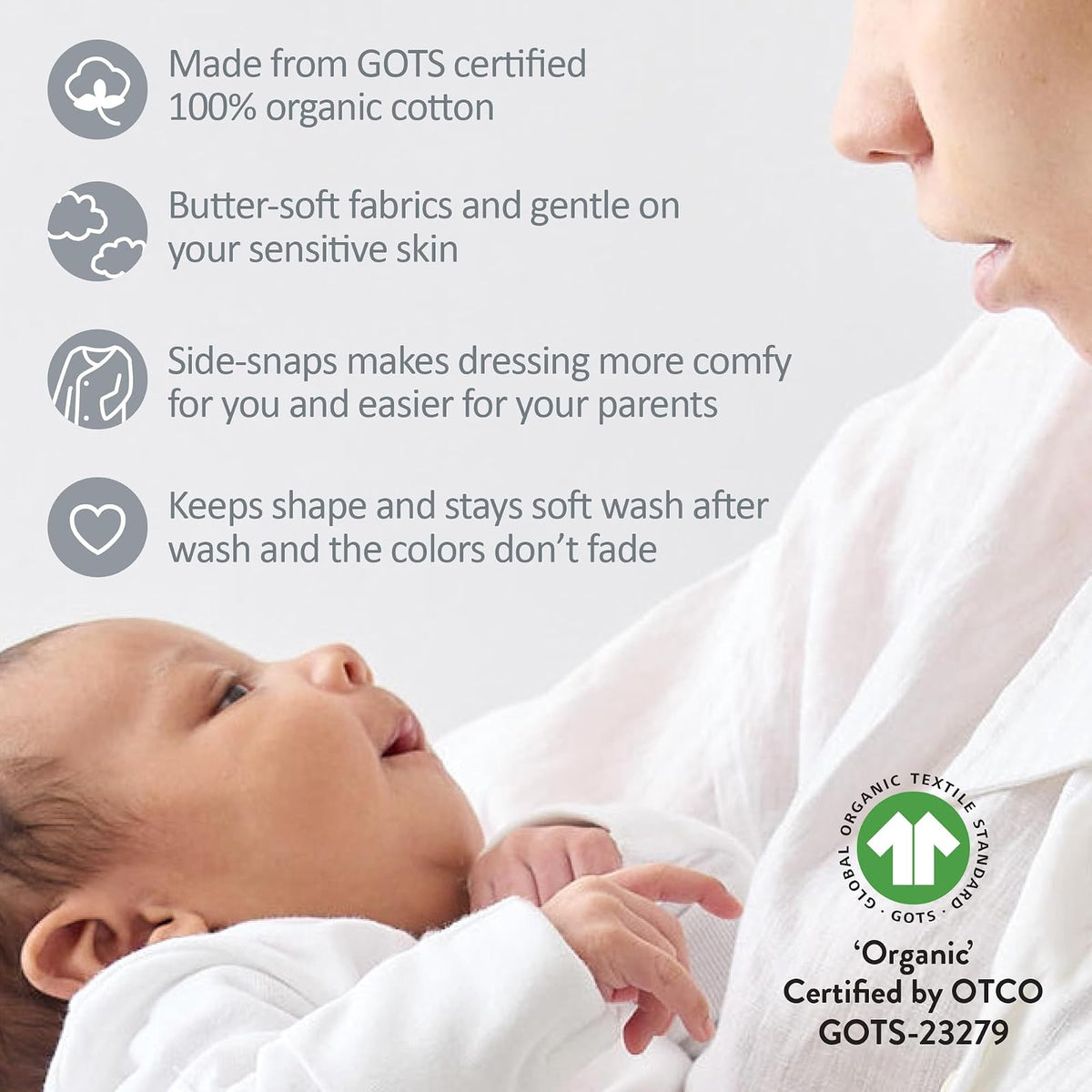 Butterblu Sterling - Paquete de 3 Mamelucos Tipo Kimono 100% algodón orgánico con Cierre Lateral para recién Nacidos y bebés, niños, Unisex