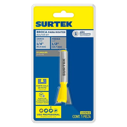 Surtek 119262 Broca para router de acero con cola de pato 1/2" zanco de 1/4"