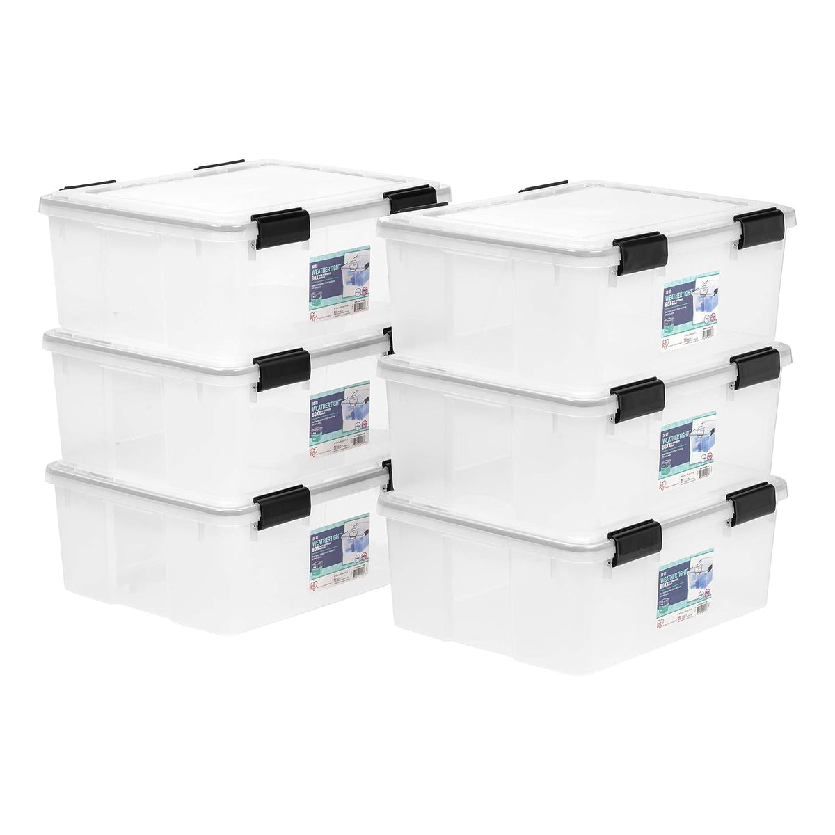 IRIS USA 6 Contenedores de 31 Qt con Tapa Hermética, Claro/Negro | El sello WeatherPro protege artículos de uso diario en clósets, oficinas y áreas de lavandería.