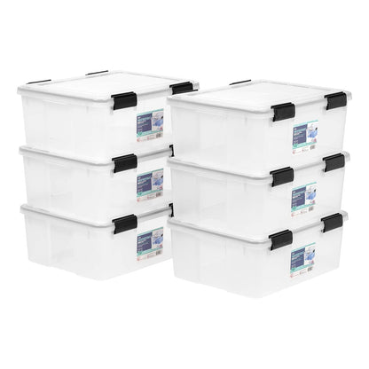 IRIS USA 6 Contenedores de 31 Qt con Tapa Hermética, Claro/Negro | El sello WeatherPro protege artículos de uso diario en clósets, oficinas y áreas de lavandería.