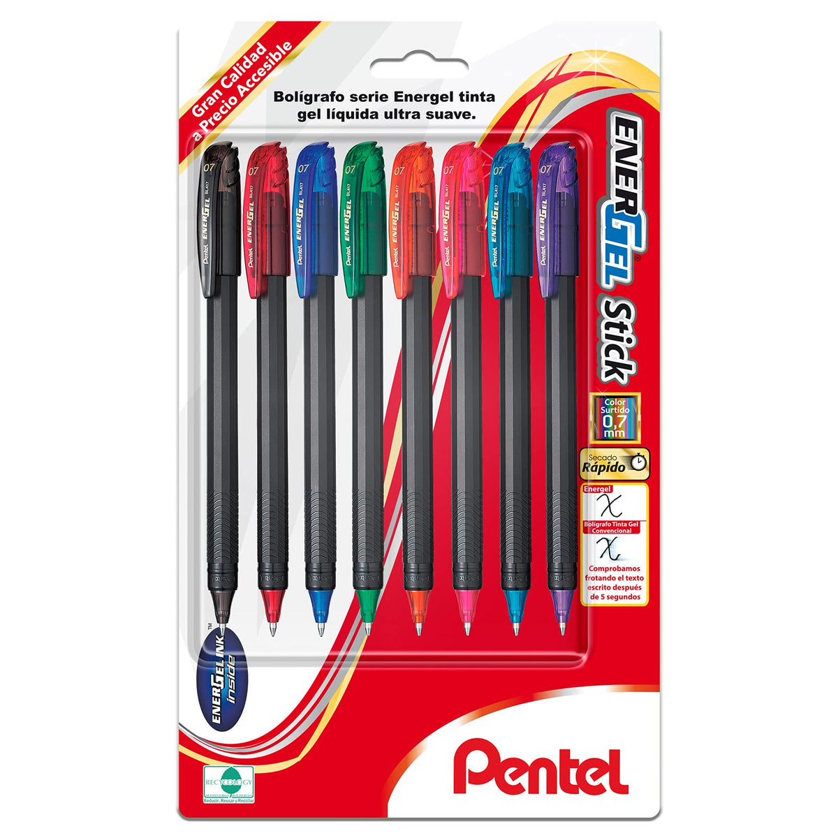 Bolígrafo de Tinta Gel EnerGel Stick con tapa Tinta colores mixtos Blíster con 8 piezas BL417BP8-M