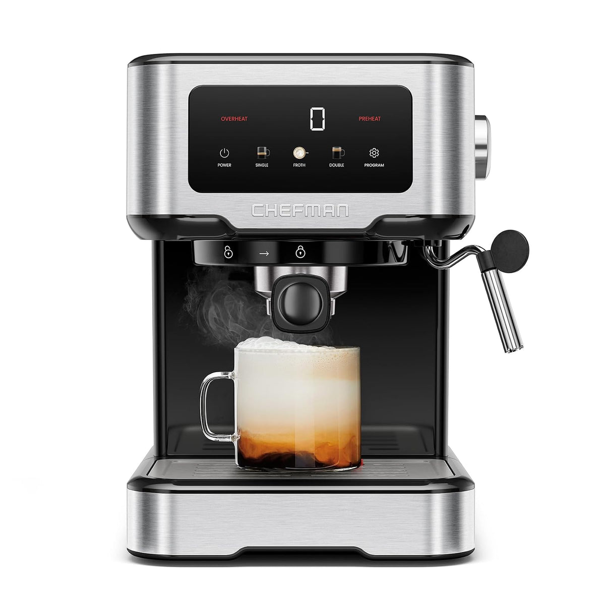 Chefman CraftBrew - Máquina de Espresso Digital, Bomba de 15 Bares, Varita de Vapor - Plata