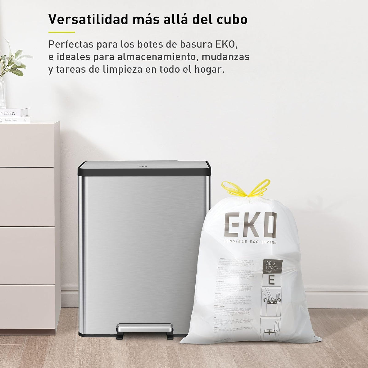 EKO Bolsas de Basura Tamaño E. 25-35 Litros. 80unidades. Caja dosificación fácil. Compatible con bote de basura EKO, uso en cocina, doméstico, extrafuertes, con cordón