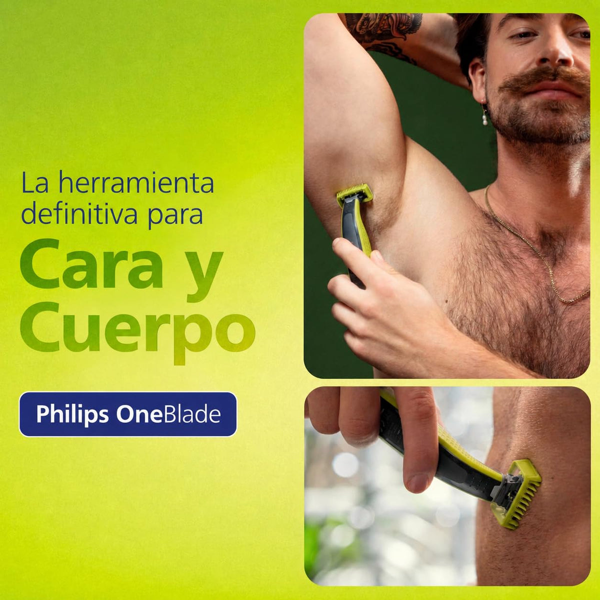 Philips OneBlade Afeitadora y Recortadora Eléctrica Face & Body para Hombre | Recorta, perfila y afeita | Corta el vello, no tu piel | Uso seco y húmedo | 5 accesorios y cuchilla adicional | QP2824/10