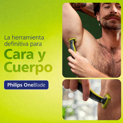 Philips OneBlade Afeitadora y Recortadora Eléctrica Face & Body para Hombre | Recorta, perfila y afeita | Corta el vello, no tu piel | Uso seco y húmedo | 5 accesorios y cuchilla adicional | QP2824/10