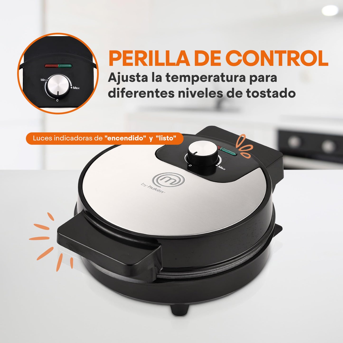 Hukën x MasterChef | Wafflera Belga Eléctrica Flash Cook+ Redonda | Perilla de Temperatura Ajustable | Diseño Compacto | Luces de Encendido y Listo | Antiadherente de Alto Nivel | Acero Inoxidable