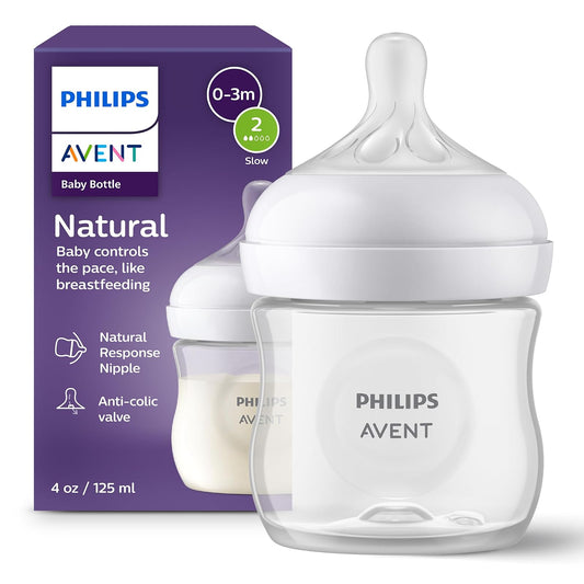Philips Avent Natural Biberón 4 Oz Pezón Respuesta Natural Flujo Lento | Alimentación de mama + biberón, flujo de leche de ritmo bebé, pezón suave en forma de pecho, pezón sin goteo, sin BPA