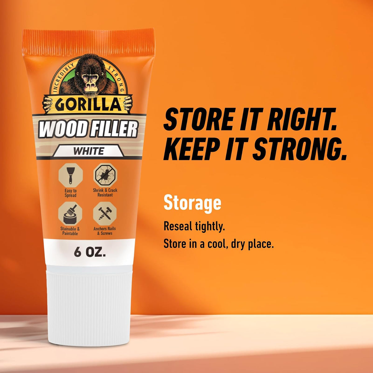 Gorilla - Relleno de madera multiusos, relleno de madera blanca, tubo de 6 onzas (paquete de 1) - Resistente al agua para proyectos y reparaciones en interiores o exteriores