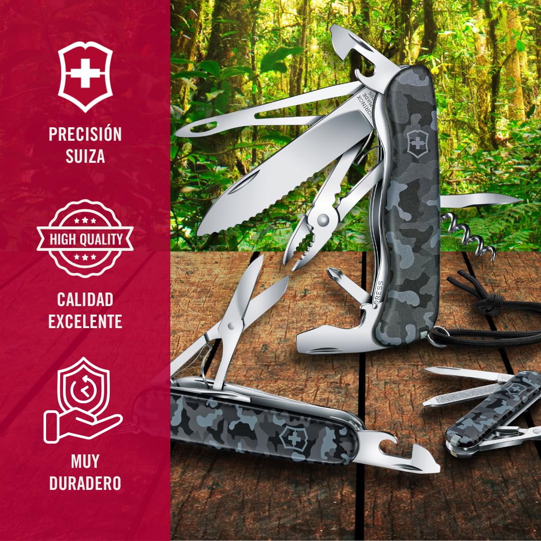 Victorinox Huntsman Navy Camuflage, 91 mm, 15 Usos | Cuchillo oficial con sierra para madera, tijeras, hoja y sacacorchos. Cuencos ABS de 91 mm de largo en camuflaje azul marino