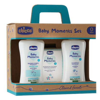 Chicco Set Baby Moments con jabón liquido para cuerpo 200 ml, Shampoo 200 ml, Colonia 100 ml, 0+ meses